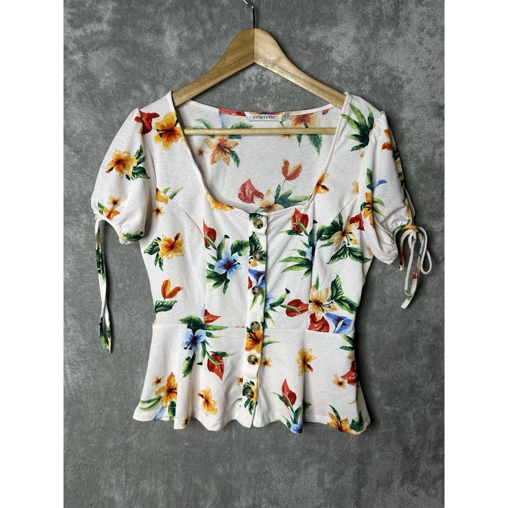 Emerette Shirt Womens Large Floral Button Front‎ Stretchy Summer Tie Sleeve
